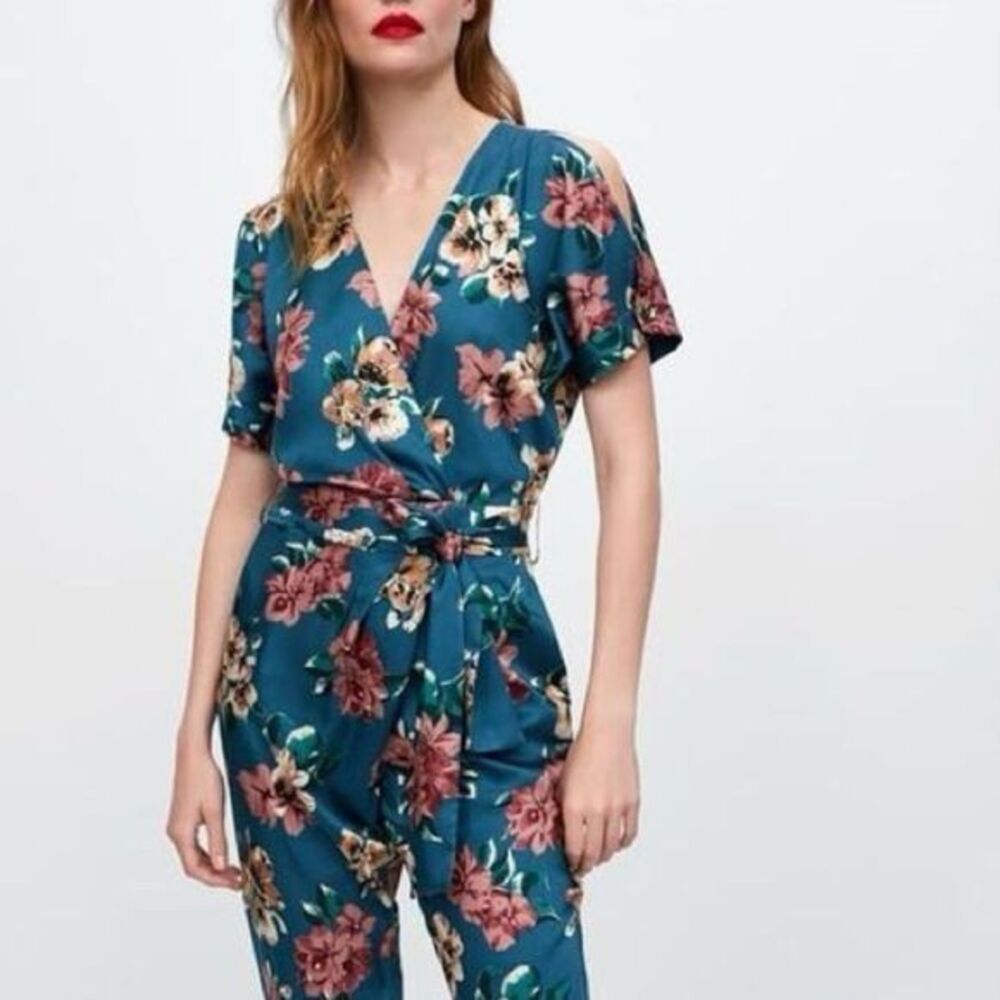 Zara green floral jumpsuit with exposed shoulders